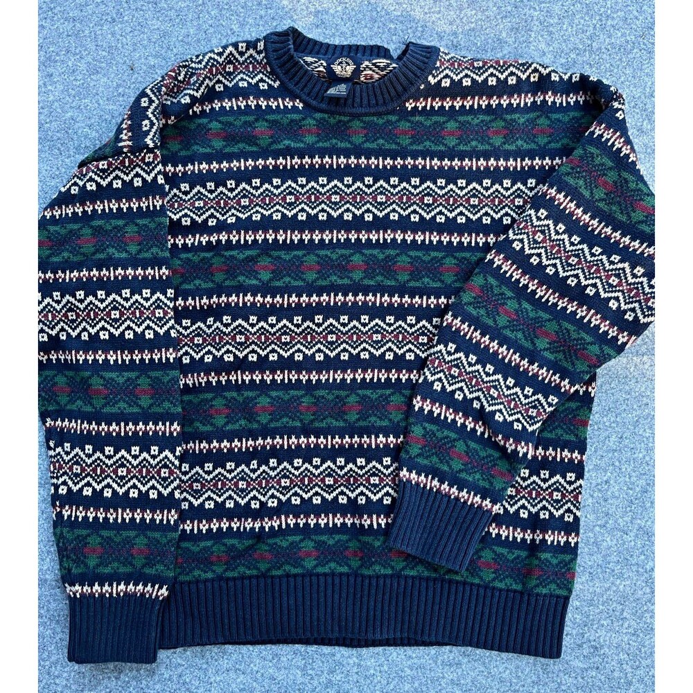 Dockers Men's L Blue Green Cotton Knit Crewneck Fair Isle Pullover Sweater